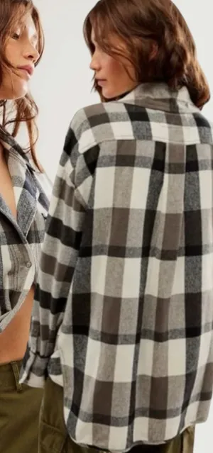We The Free Free People Izzie Plaid Oversized Cargo Shirt Jacket Shacket Large Grunge 90s thumbnail 1