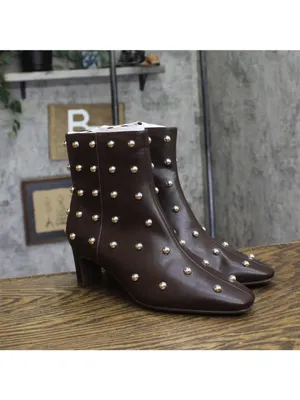 NWT A New Day Wide Width Tigris Low-Shaft Studded Heeled Booties Dark Brown 7.5W thumbnail 2