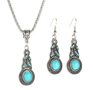 Set 3 pc Vintage Style Blue Crystal Inlaid Turquoise Pendant With Lantern Chain thumbnail 1