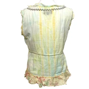 Vintage Y2K Tokyo Denim Yellow Silk Hippie Embroider Bead Tank Blouse Top Medium thumbnail 2