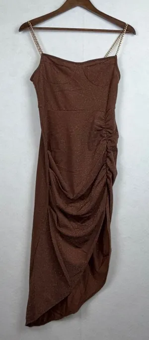 Cider Dress Women Small Brown Shimmer Ruched Chain Strap Asymmetrical Midi Glam thumbnail 1