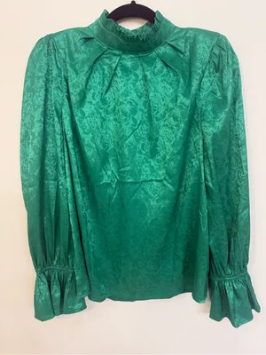 VICI- Green Floral Jacquard High-Neck Blouse - Women Tops size Medium thumbnail 1