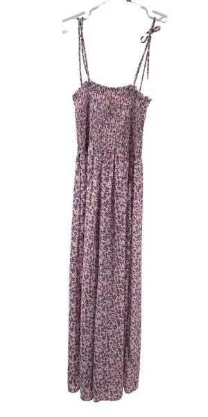 Fantastic Fawn wide leg floral smocked jumpsuit lavender large tie straps spring thumbnail 2