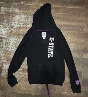 E5 College Classics K-State Rhinestone Hoodie Black Y2K V-Neck Sweatshirt Womens thumbnail 1