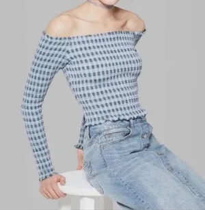 🦋 Wild Fable Blue Checkered Off the Shoulder Long Sleeve Crop Top Medium thumbnail 1