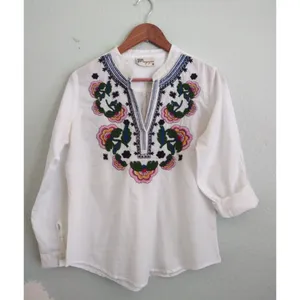 Boho Embroidered Tunic Blouse Cotton Peasant Top White Floral Resort Coverup M thumbnail 2