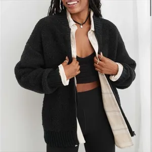 AERIE Sherpa bomber jacket , cardigan size medium‎ black full zip thumbnail 1