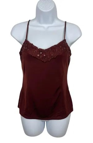 The Limited XS Brown Lace Trim Tank Top Spaghetti Strap Stretch Sequins Y2K 90s thumbnail 1