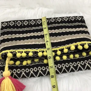 Just Fab Fold Over Bag Yellow Pom Pom Tassel‎ Trim Colorful Clutch Purse thumbnail 10