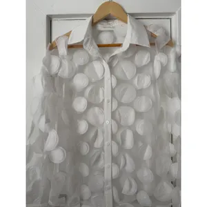 White Sheer Mesh 3D Applique Floral Button Down Blouse Long Sleeve Top M thumbnail 14