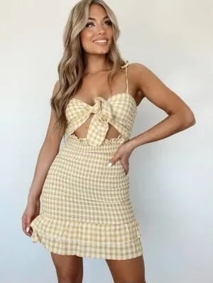 Mable‎ Mini Dress Womens Medium Yellow Gingham Smocked Tie Cutout MD2513C Summer thumbnail 1