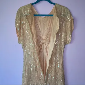 Vintage Size M Pastel Peach Silk Sequin Ball Gown Formal Dress Modest Hoco Prom thumbnail 11