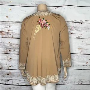 Novica Size XL Tan - Floral Embroidered Open Front Boho Cardigan Jacket thumbnail 3