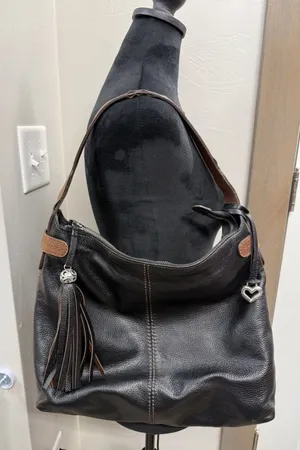 Brighton Barbados Black Leather Hobo Shoulder Bag Braided Strap Tassel Charm thumbnail 1