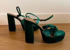 Primark Green Velvet Platform Block Heels gently used thumbnail 1