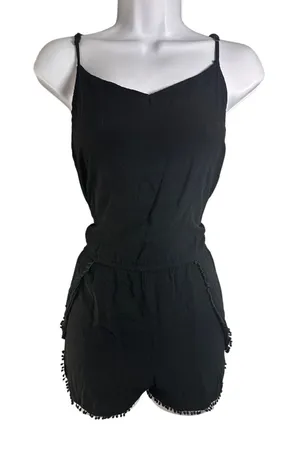 American Eagle Outfitters Black Pom Pom Trim Romper Size Medium Spaghetti Strap‎ thumbnail 1