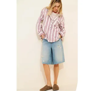 Free People Bohemian Preppy Pullover Shirt Tunic Ivory Stripes Coastal Medium thumbnail 6
