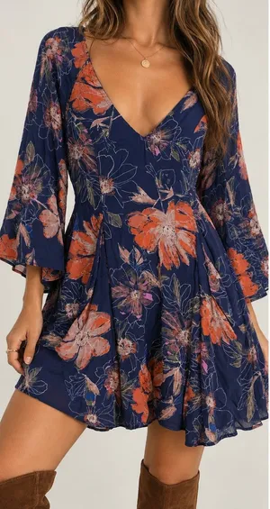 Free People Floral Boho Mini Dress Size 2 Navy Bell Sleeve Cutout Back thumbnail 1