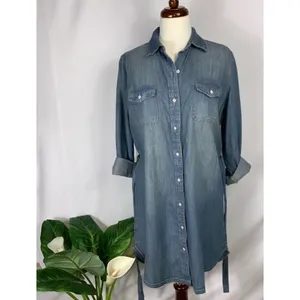 Universal Threads Blue Faded Button Down Raw Hem Belted Denim Casual Dress Small thumbnail 3