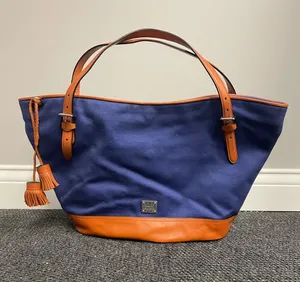 Lauren Ralph Lauren navy blue womens canvas tote satchel brown faux leather thumbnail 1