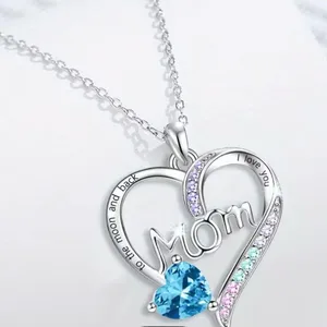 Silver Heart Mom Necklace with Blue and Multicolor Accents thumbnail 2
