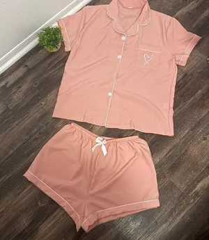 SHEIN Pink Short Sleeve Pajama Set with White Piping thumbnail 1