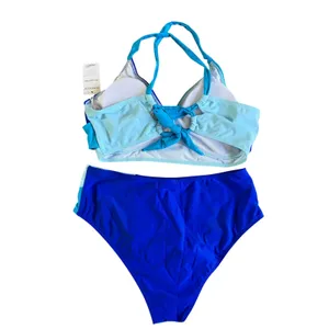 Rosvigor Swimsuit High‎ Waist Bikini Set Twist Front Top Blue Color Block L thumbnail 4