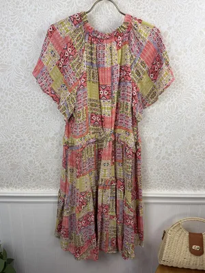 Anthropologie Pink and Yellow Robin Tiered Patchwork Mini Dress - Size - Small thumbnail 4