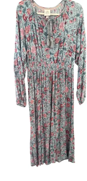 Knox Rose Blue Pink Floral Smocked‎ Waist Midi Dress with Pockets Large Boho thumbnail 1