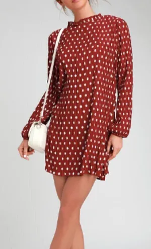 Lulus Pleat to Meet You Wine Red Polka Dot Long Sleeve Shift‎ Dress thumbnail 1