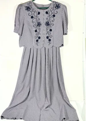 VTG PLAZA SOUTH Women's Gingham Dress Grandma Cottagecore Dress Navy/White SZ 10 thumbnail 1