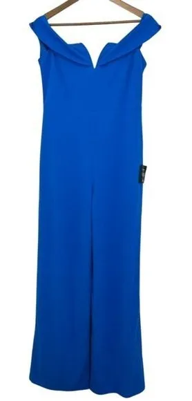 Lulus Size‎ XL Cobalt Blue Off the Shoulder Plunge Wide Leg Jumpsuit NWT Wedding thumbnail 1