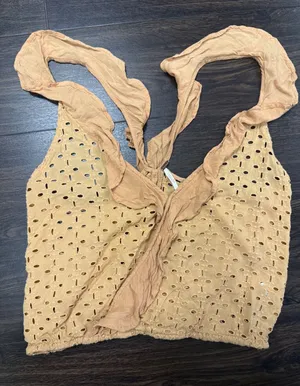 Free People Eyelet Ruffle Halter Crop Top‎ - Mustard Yellow / Tan (Size XS) thumbnail 1