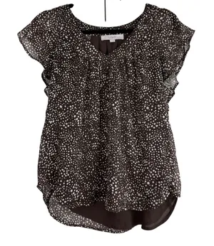 Loft Brown White‎ Polka Dot Flutter Sleeve V-Neck Blouse Top 761461 Womens Med thumbnail 1