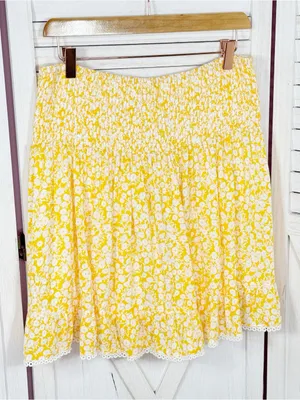Lost + Wanderer Floral Lace Hem Smocked Waist Mini Skirt Yellow White XL Cottage thumbnail 8