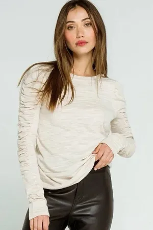 We The Free People Natasha Tee Small White Ruffles Ruched‎ Long Sleeves Top Fall thumbnail 1