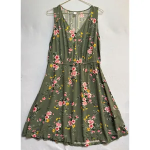 Old Navy Olive Green Floral Sleeveless V-Neck Elastic Waist A-Line Dress Large thumbnail 3