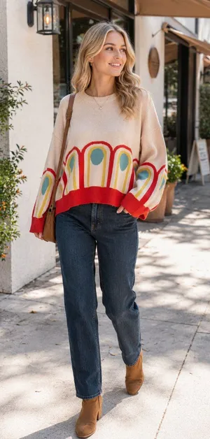 Miss Sparkling Retro Rainbow Arch Graphic Colorblock Cropped Knit Sweater thumbnail 1