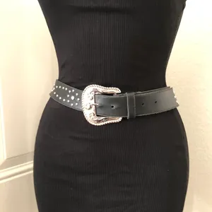 Black western cowboy/cowgirl rodeo belt with silver tone studs buckle Fit As L/XL thumbnail 3