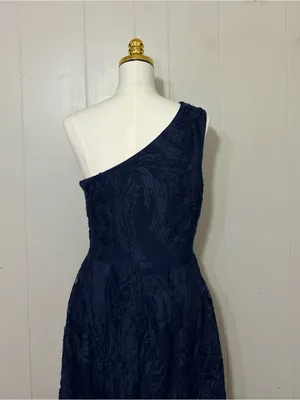 Dress the Population One Shoulder Textured Midi Dress Navy Blue Size L thumbnail 3