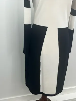 Calvin Klein Black White Taupe Long Sleeve Colorblock Knit Midi Dress Medium thumbnail 3
