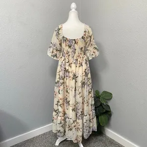 Shein Cream Maxi Dress Purple Green Floral Smocked Waist Ruffle Sleeves thumbnail 4