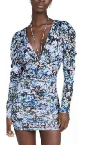 AFRM Ruched Deep V neck Floral Knit MINI Dress Puff Sleeve Retail Size Large thumbnail 1