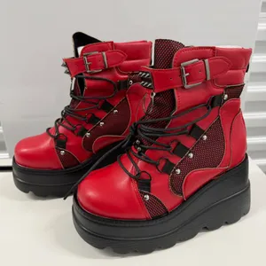 Red Platform Boots Gothic Punk Studded Mesh Wedge Ankle Boots Red Black Size 38 thumbnail 2