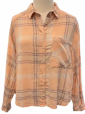 Free People Gauze Button Front Shacket Shirt Peach Gray Plaid Medium thumbnail 1