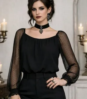 Banana Republic Blouse Black Sheer Puff Sleeve Romantic Victorian‎ Goth Chic S thumbnail 1
