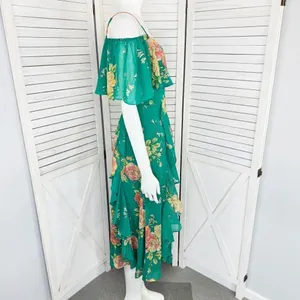 Lulus Romantic Love Floral Chiffon Ruffle Cold Shoulder Midi‎ Dress Green XS thumbnail 4