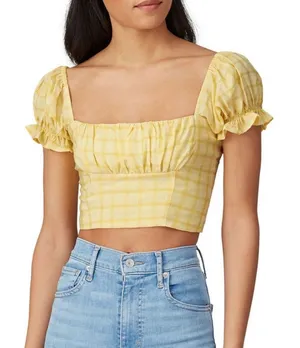 Capulet Keyla Yellow Plaid Linen Puff Sleeve Crop Top XL thumbnail 1