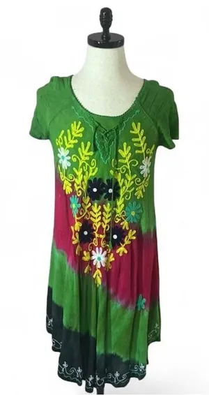 Embroidered Tie‎ Dye Dress Green Pink Floral Short Sleeve Casual thumbnail 1