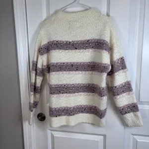 Absolutely Creative Worldwide Women's Fuzzy Striped Sweater L Cream Mauve Knit thumbnail 3